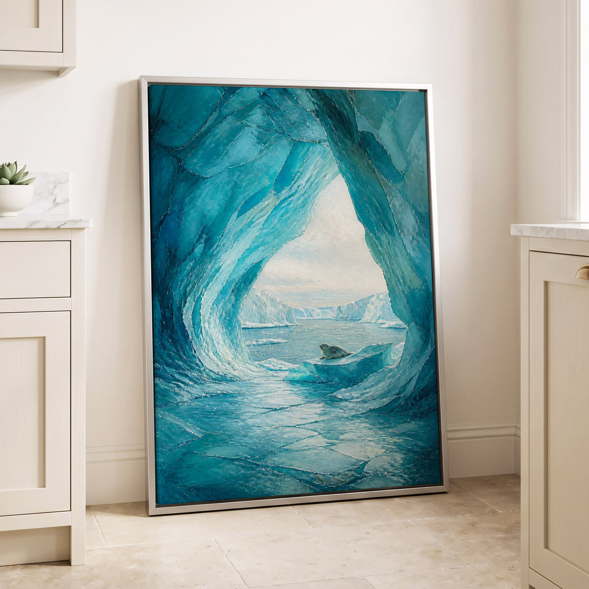 Sanctuary of Ice, blue, white, gray nature wall art displayed in a styled interior, gallery view 1
