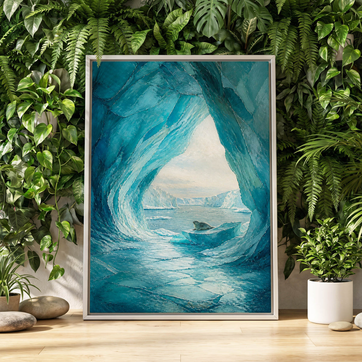 Sanctuary of Ice, blue, white, gray nature wall art displayed in a styled interior, gallery view 2