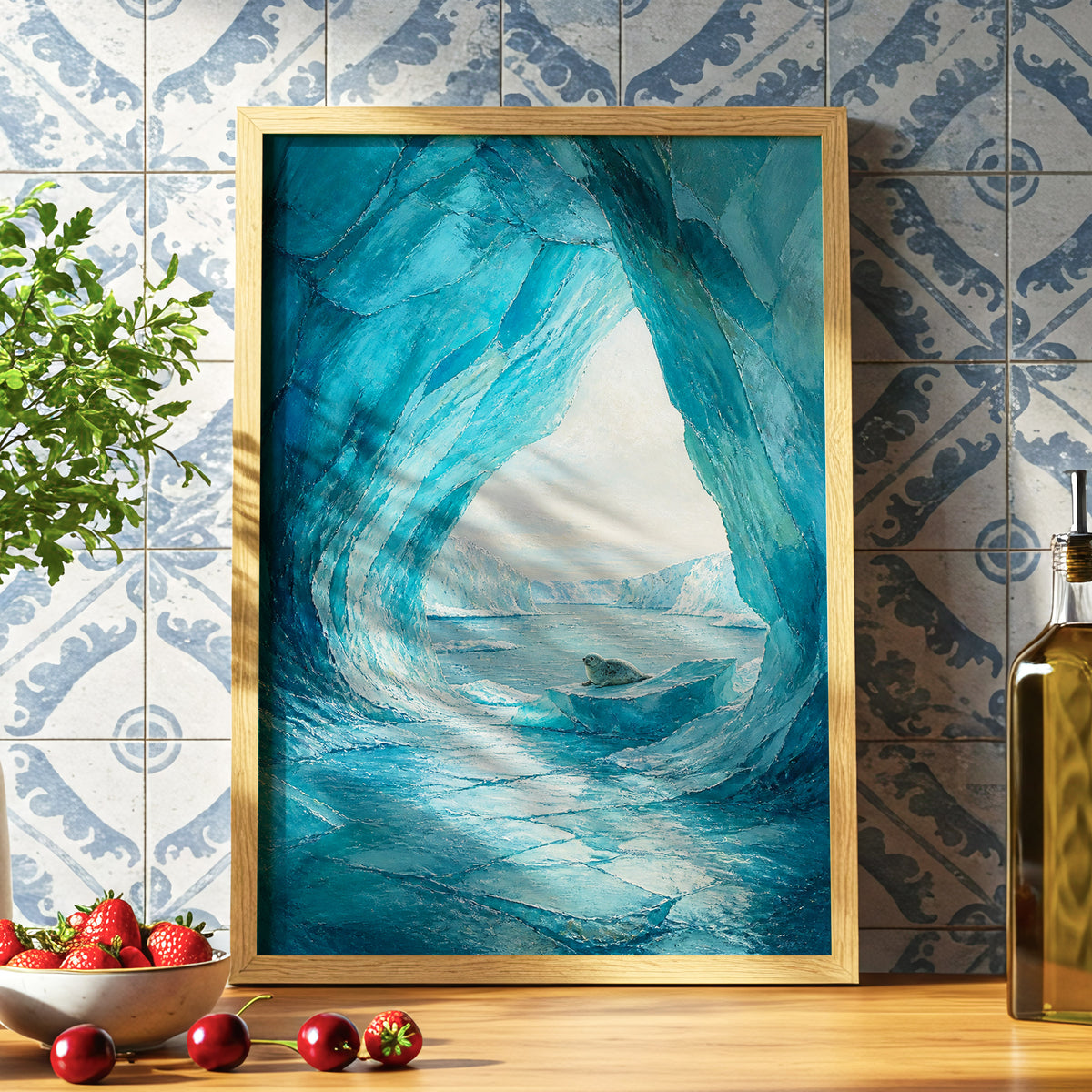 Sanctuary of Ice, blue, white, gray nature wall art displayed in a styled interior, gallery view 6