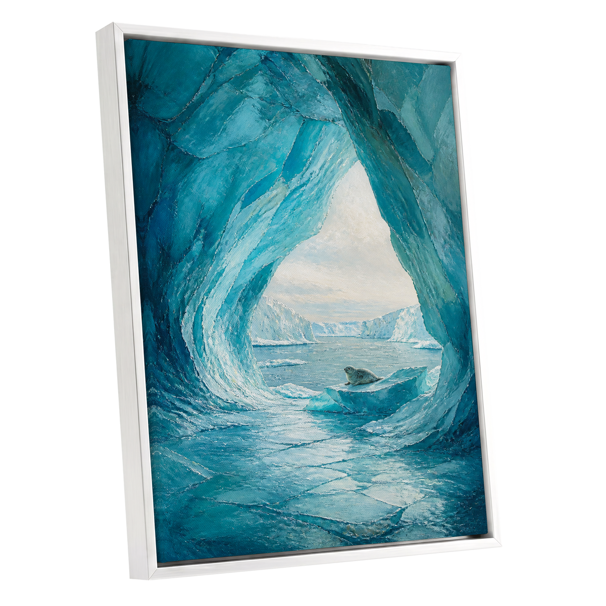 Sanctuary of Ice, blue, white, gray nature wall art shown as a white framed canvas wall art