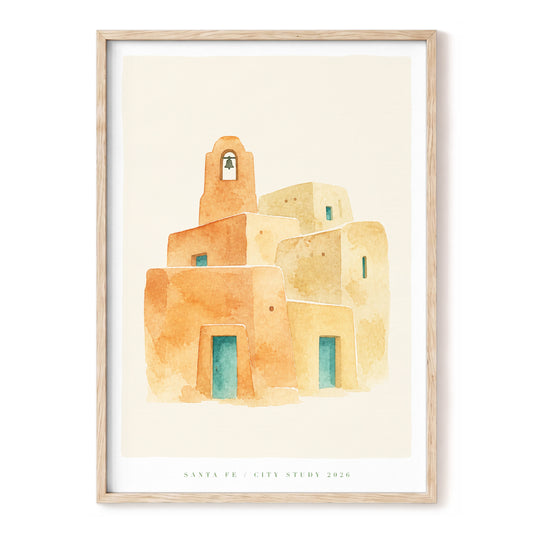 Santa Fe Adobe Study, orange, beige, blue minimalist wall art, front artwork view