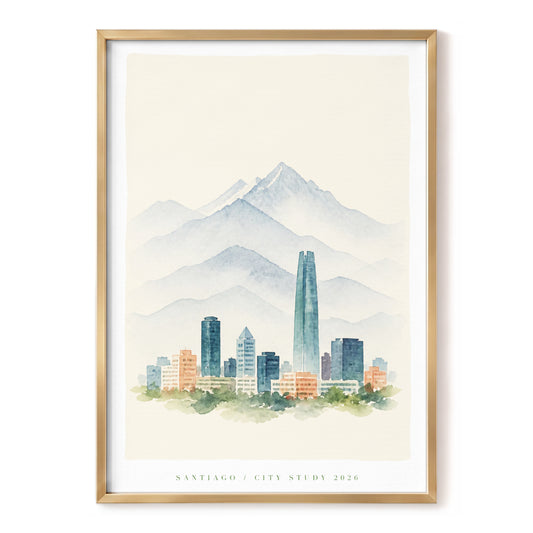 Santiago Mountain Hush, blue, beige, green nature wall art, front artwork view