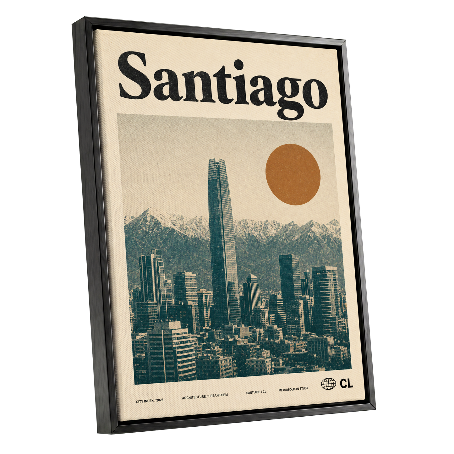 Santiago Sunline, beige, green, black minimalist wall art shown as a black framed canvas wall art