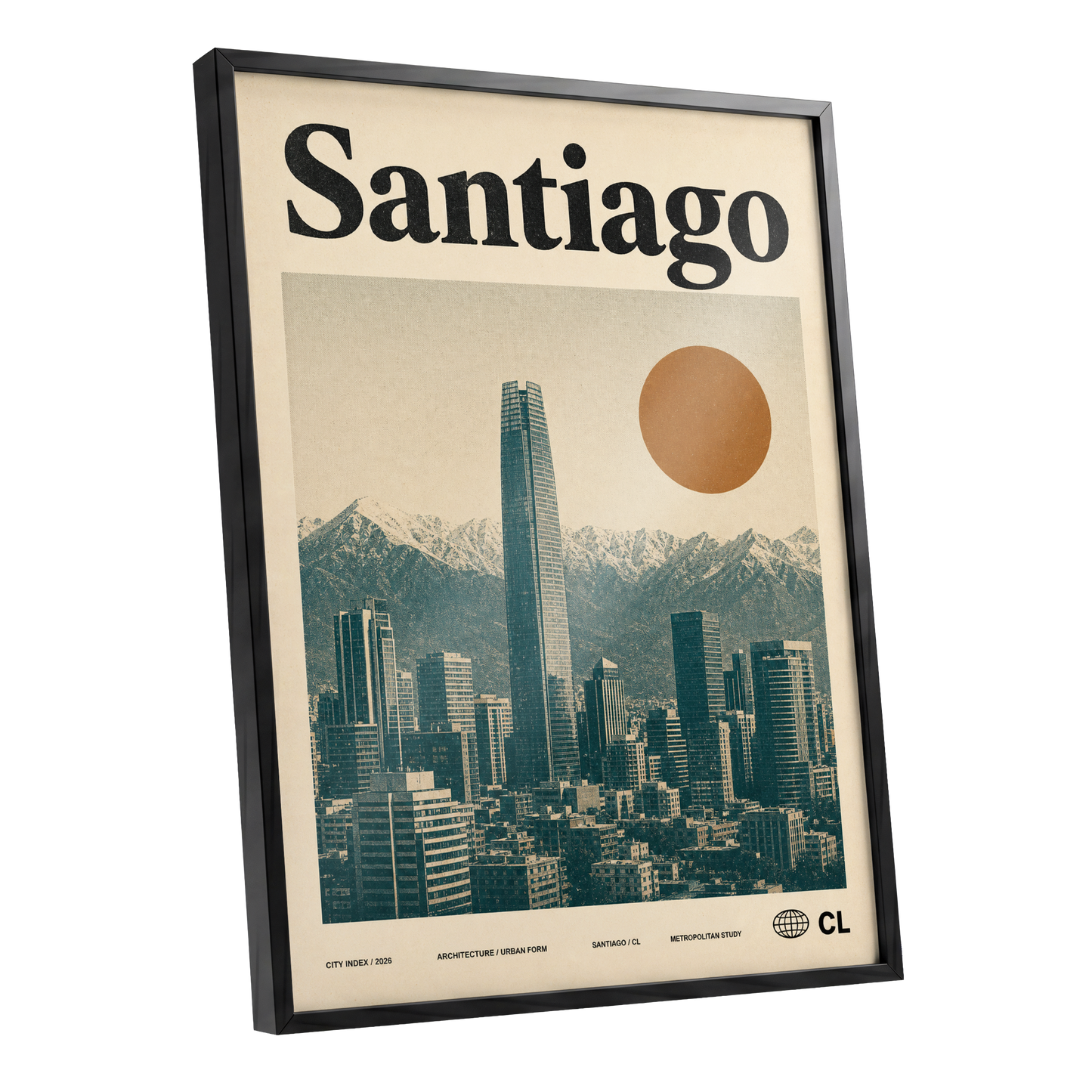 Santiago Sunline, beige, green, black minimalist wall art shown as a black framed poster wall art print