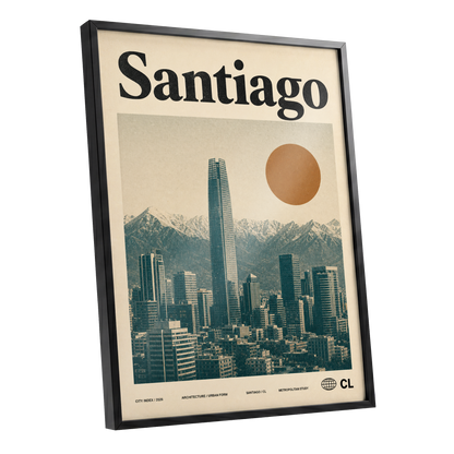 Santiago Sunline, beige, green, black minimalist wall art shown as a black framed poster wall art print