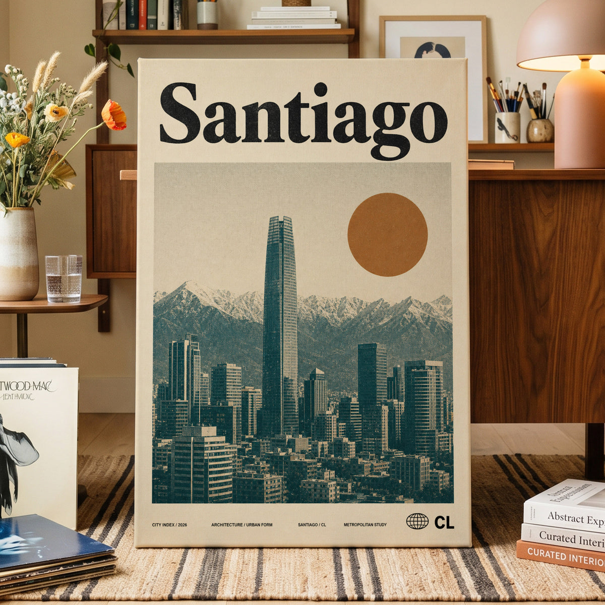 Santiago Sunline, beige, green, black minimalist wall art on canvas displayed in a styled interior, gallery view 1
