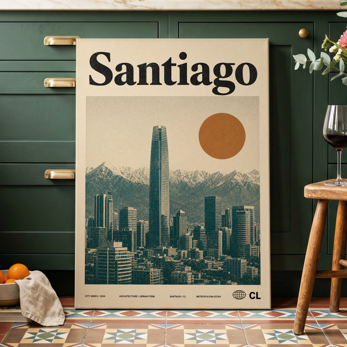 Santiago Sunline, beige, green, black minimalist wall art on canvas displayed in a styled interior, gallery view 2
