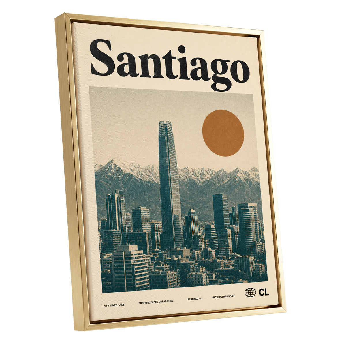 Santiago Sunline, beige, green, black minimalist wall art shown as a gold framed canvas wall art