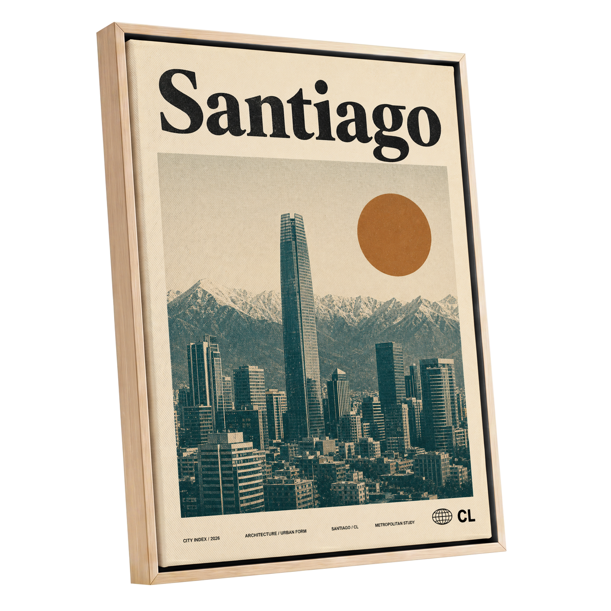 Santiago Sunline, beige, green, black minimalist wall art shown as a oak framed canvas wall art