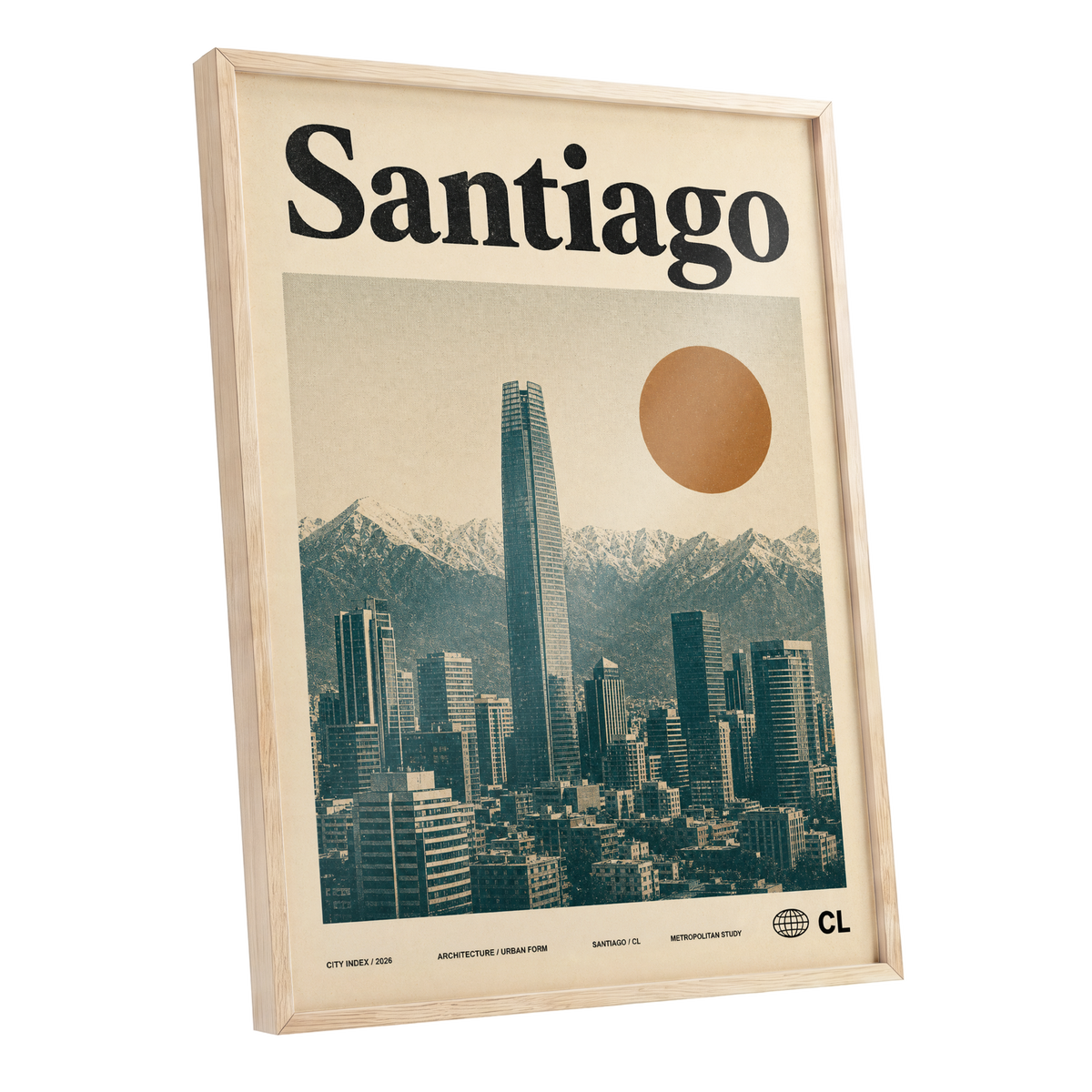 Santiago Sunline, beige, green, black minimalist wall art shown as a oak framed poster wall art print