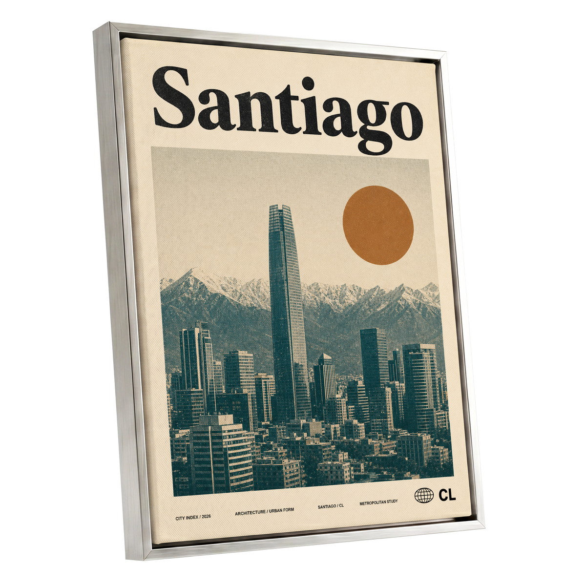 Santiago Sunline, beige, green, black minimalist wall art shown as a silver framed canvas wall art