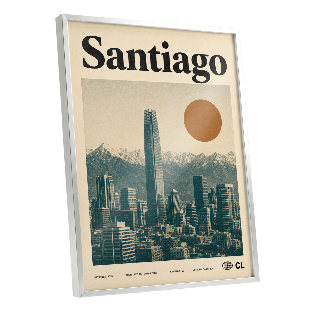 Santiago Sunline, beige, green, black minimalist wall art shown as a silver framed poster wall art print