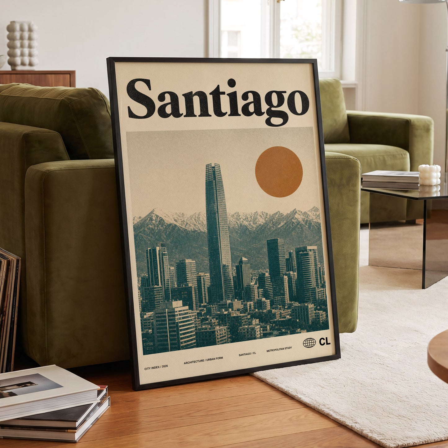 Santiago Sunline, beige, green, black minimalist wall art displayed in a styled interior, gallery view 6