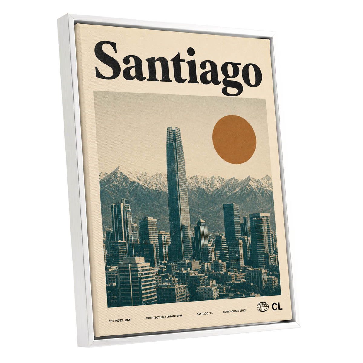 Santiago Sunline, beige, green, black minimalist wall art shown as a white framed canvas wall art