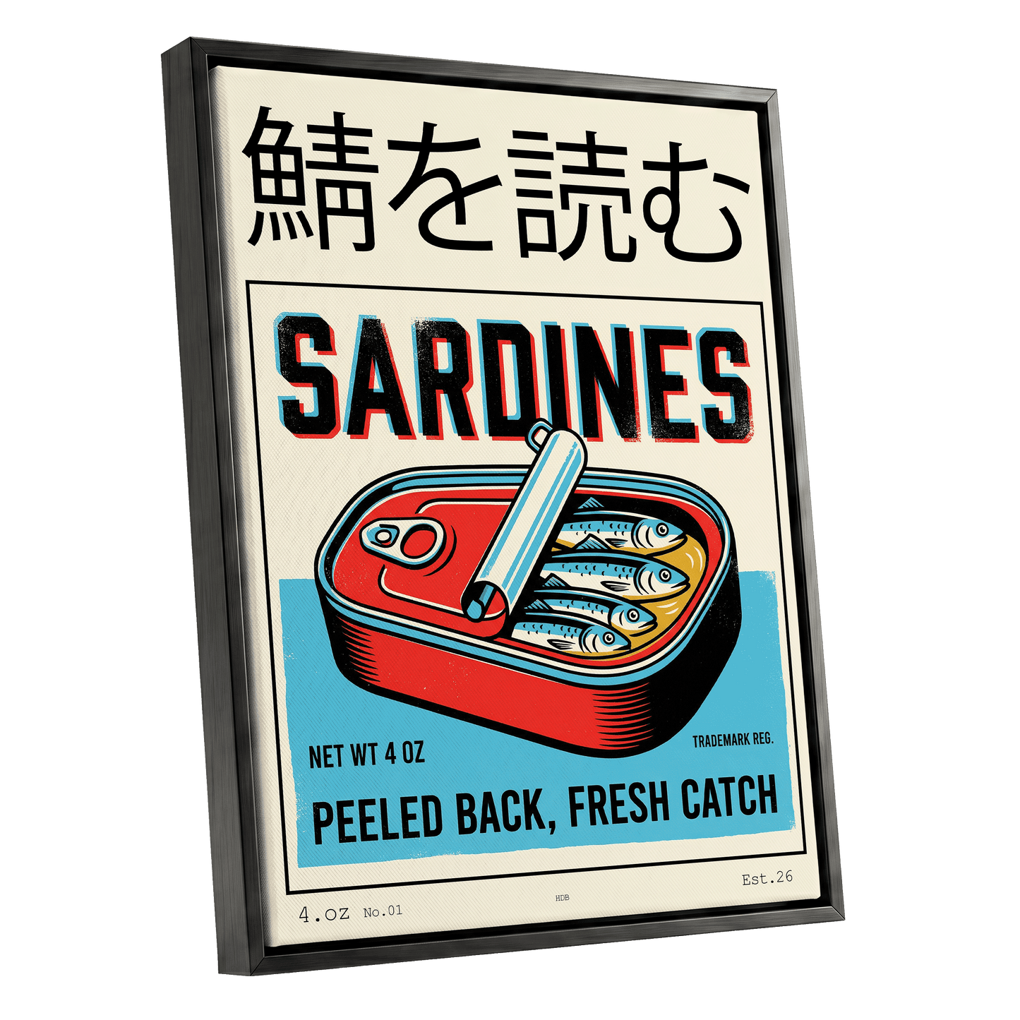 Sardine Tin Revival, black, beige, blue nature wall art shown as a black framed canvas wall art