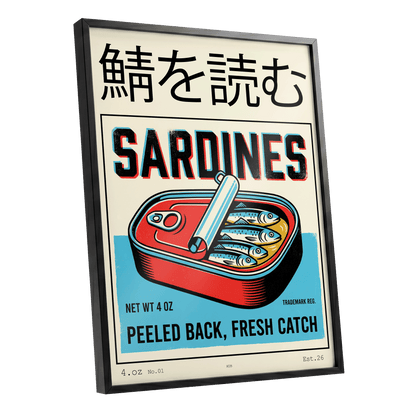 Sardine Tin Revival, black, beige, blue nature wall art shown as a black framed poster wall art print