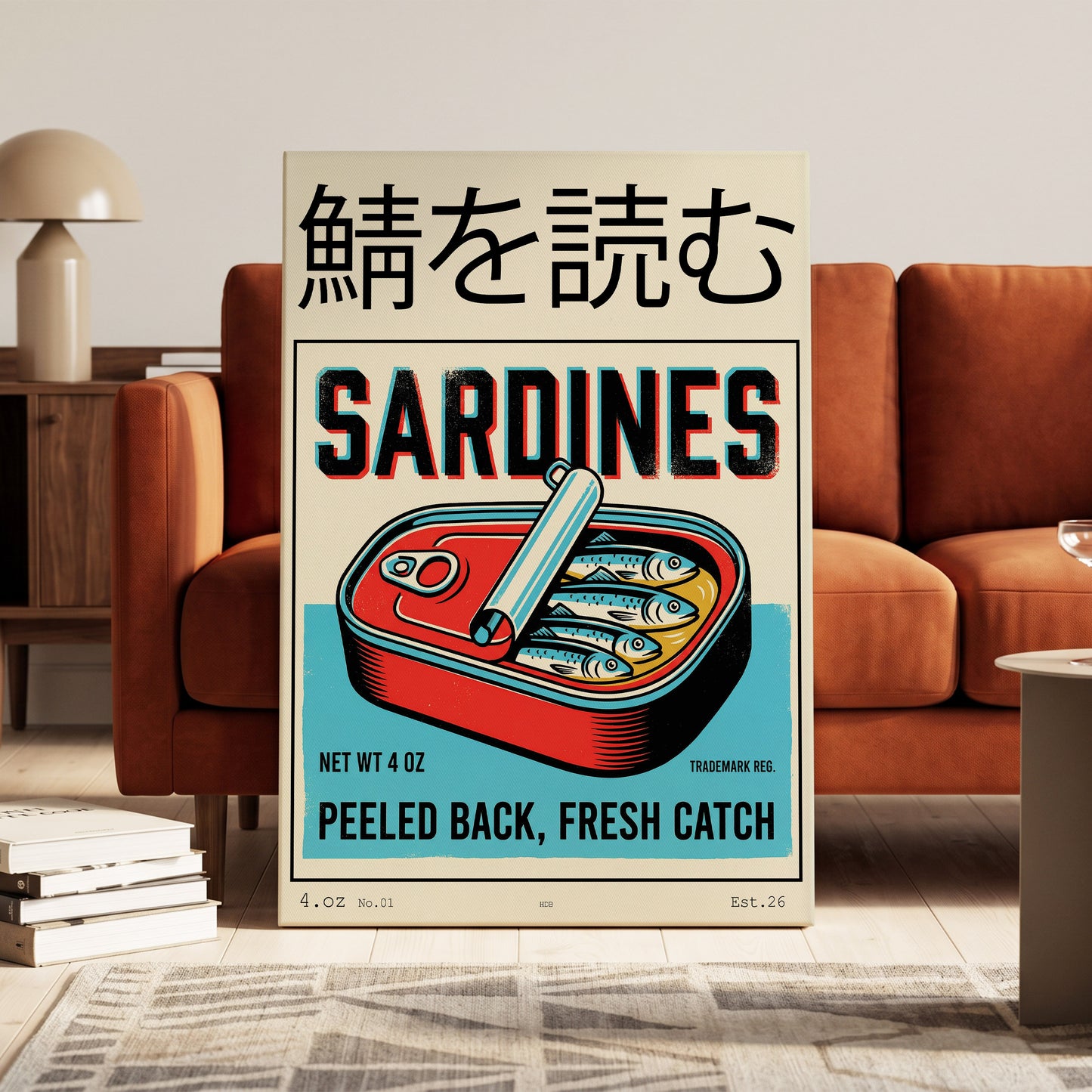 Sardine Tin Revival, black, beige, blue nature wall art on canvas displayed in a styled interior, gallery view 1