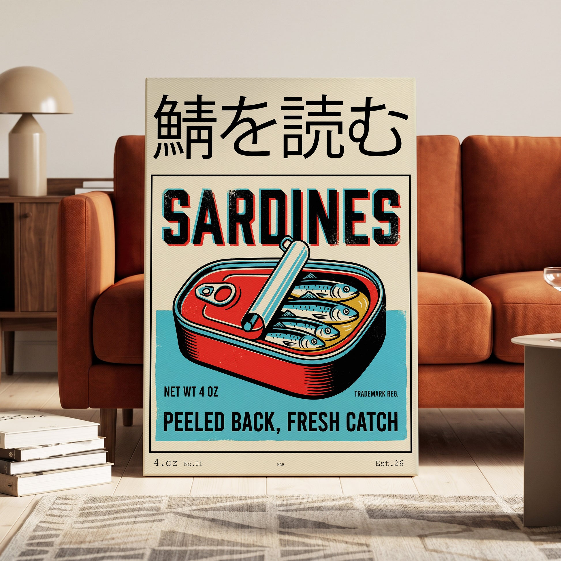 Sardine Tin Revival, black, beige, blue nature wall art on canvas displayed in a styled interior, gallery view 1