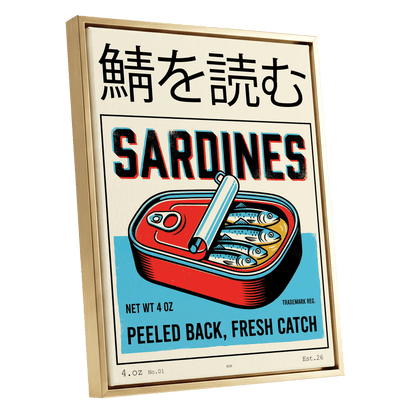 Sardine Tin Revival, black, beige, blue nature wall art shown as a gold framed canvas wall art