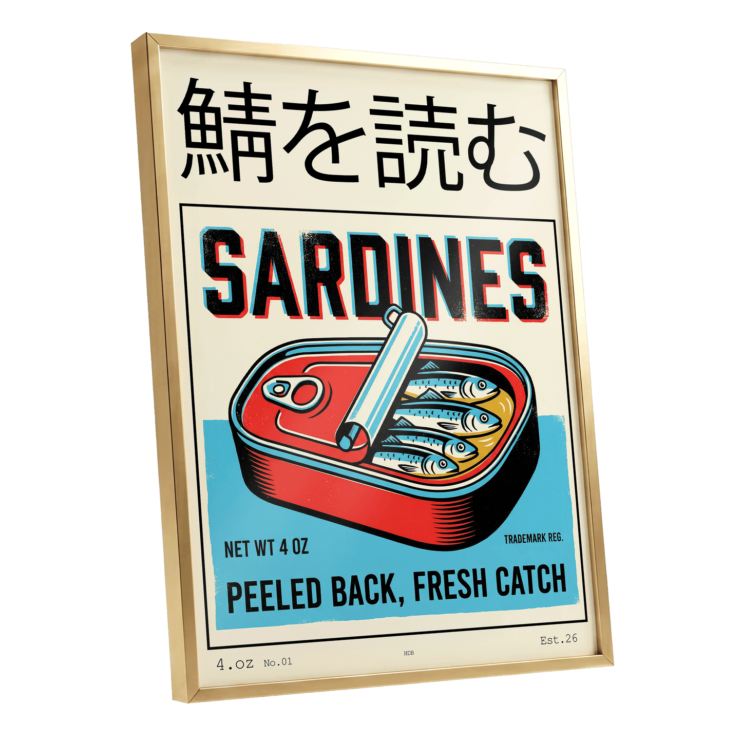 Sardine Tin Revival, black, beige, blue nature wall art shown as a gold framed poster wall art print