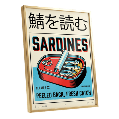 Sardine Tin Revival, black, beige, blue nature wall art shown as a gold framed poster wall art print