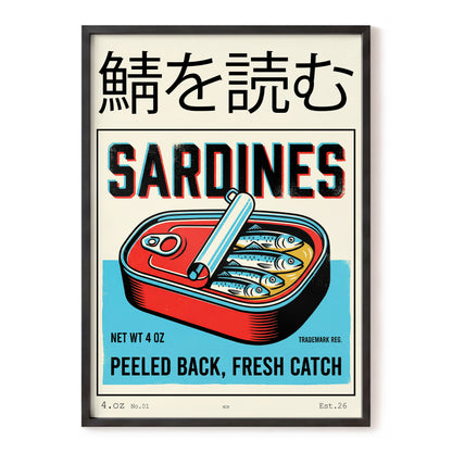 Sardine Tin Revival, black, beige, blue nature wall art, front artwork view