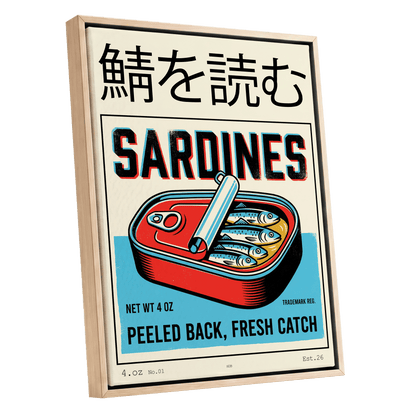 Sardine Tin Revival, black, beige, blue nature wall art shown as a oak framed canvas wall art