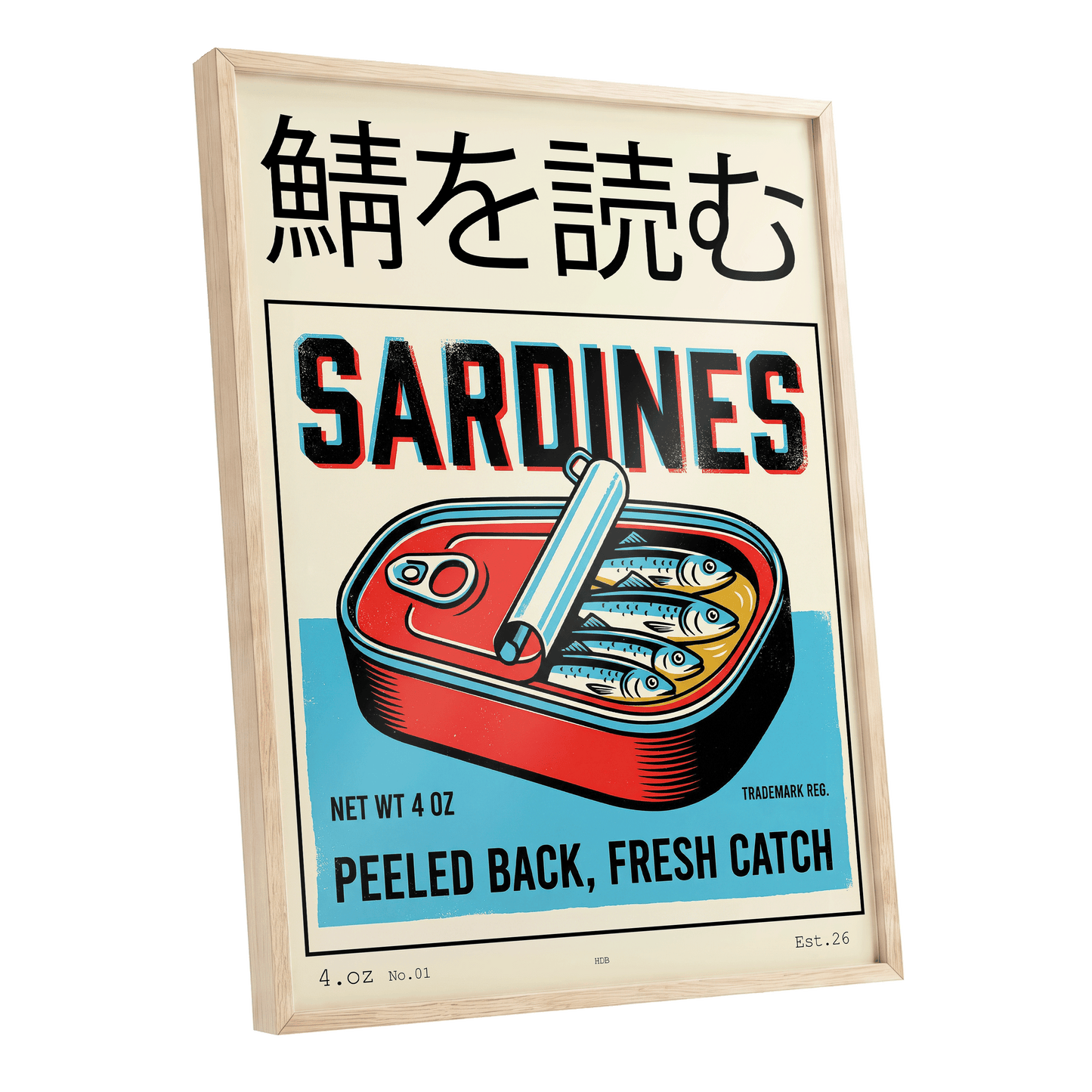 Sardine Tin Revival, black, beige, blue nature wall art shown as a oak framed poster wall art print