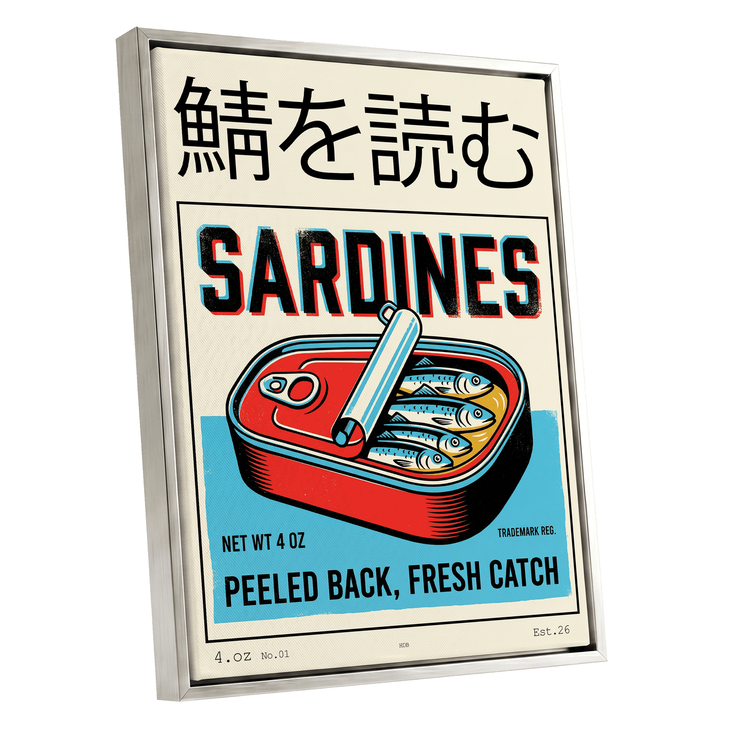 Sardine Tin Revival, black, beige, blue nature wall art shown as a silver framed canvas wall art