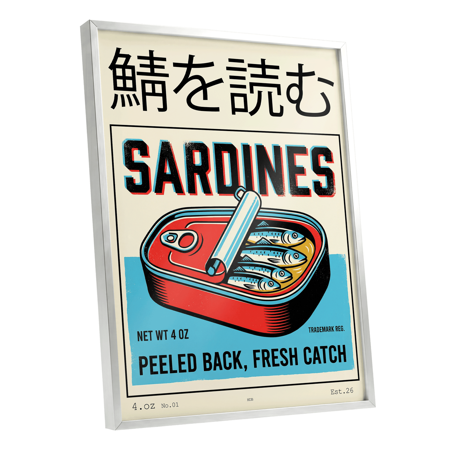 Sardine Tin Revival, black, beige, blue nature wall art shown as a silver framed poster wall art print