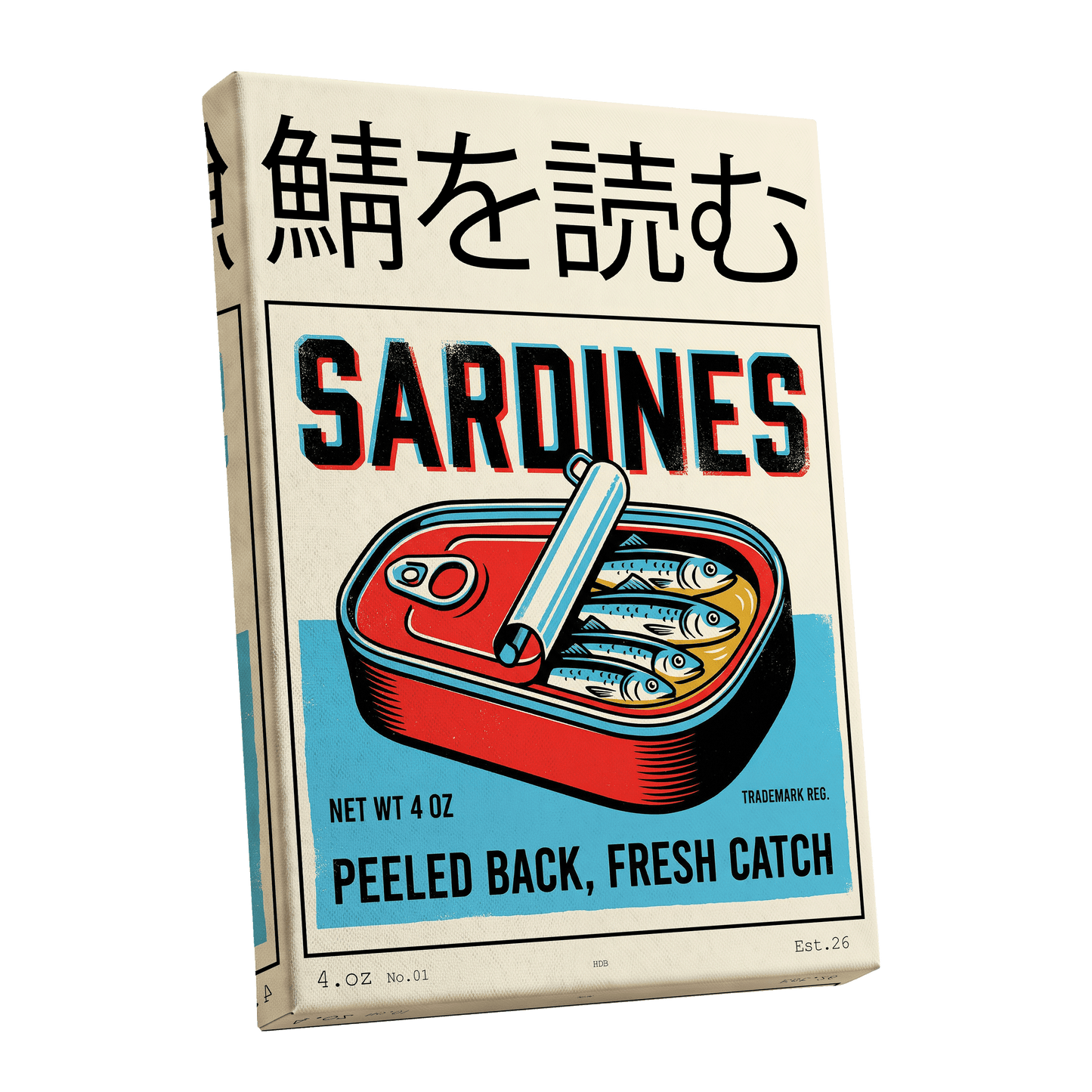 Sardine Tin Revival, black, beige, blue nature wall art shown as a stretched canvas wall art
