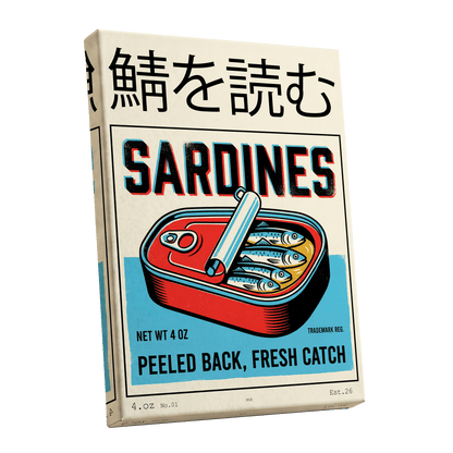 Sardine Tin Revival, black, beige, blue nature wall art shown as a stretched canvas wall art