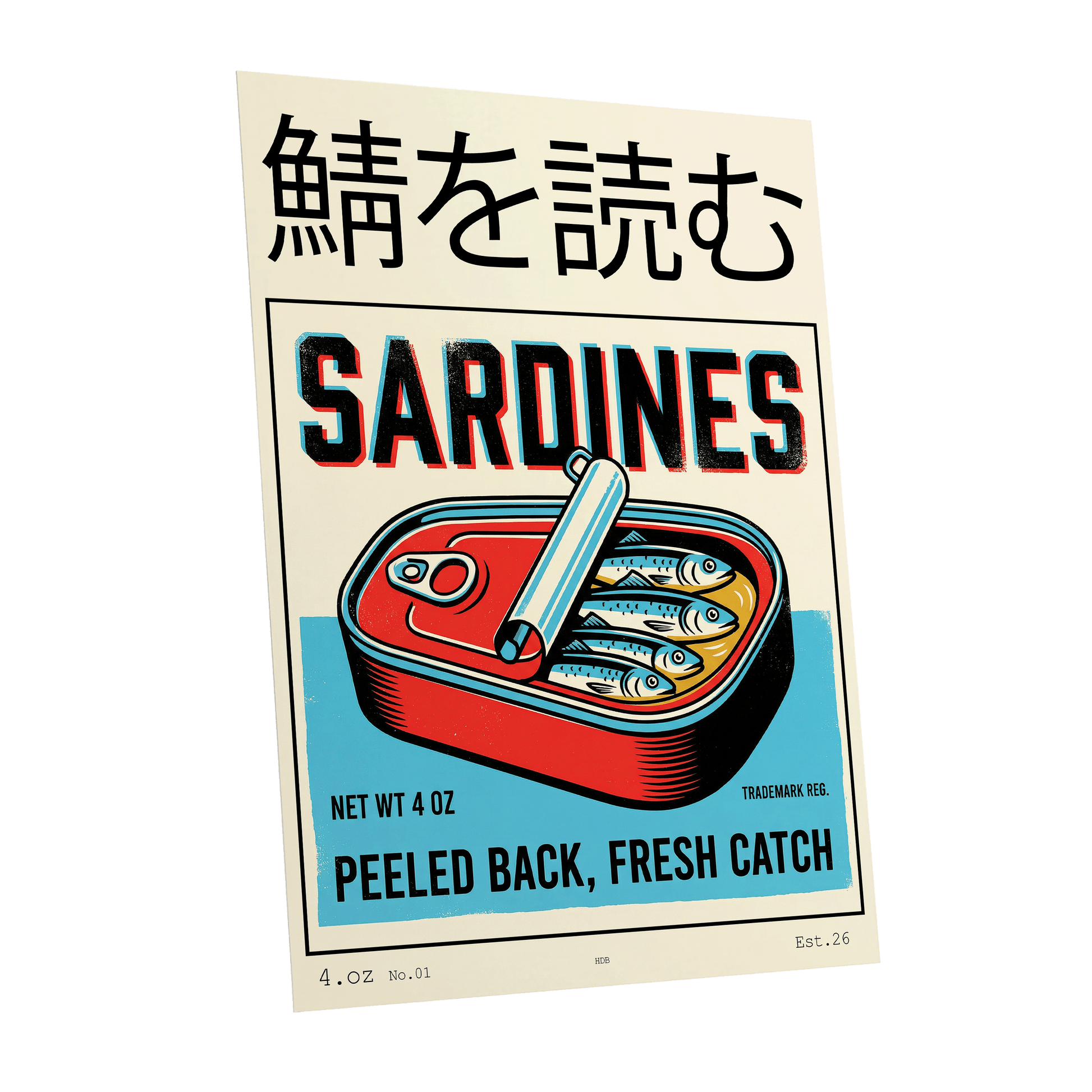 Sardine Tin Revival, black, beige, blue nature wall art shown as a unframed poster wall art print