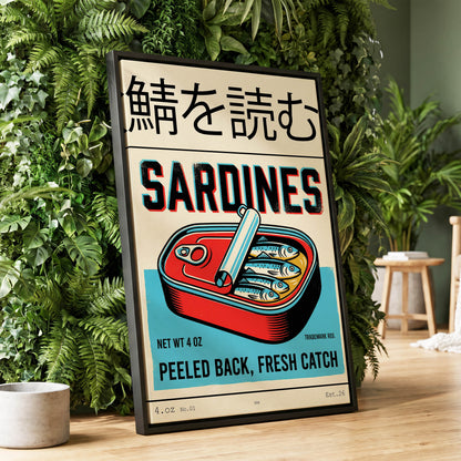 Sardine Tin Revival, black, beige, blue nature wall art displayed in a styled interior, gallery view 1