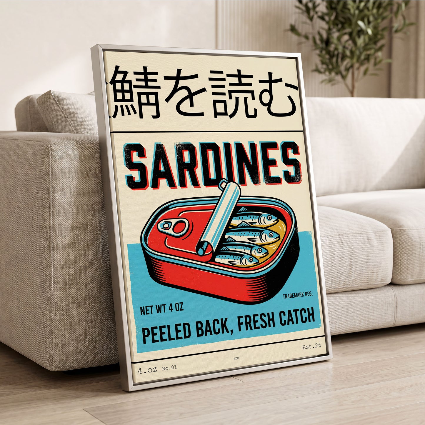 Sardine Tin Revival, black, beige, blue nature wall art displayed in a styled interior, gallery view 2