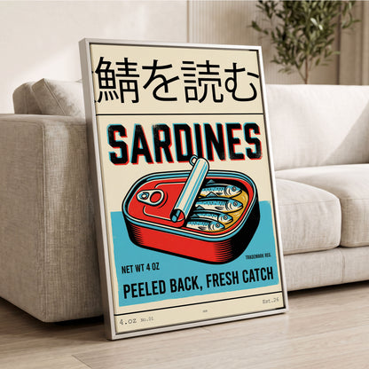 Sardine Tin Revival, black, beige, blue nature wall art displayed in a styled interior, gallery view 2