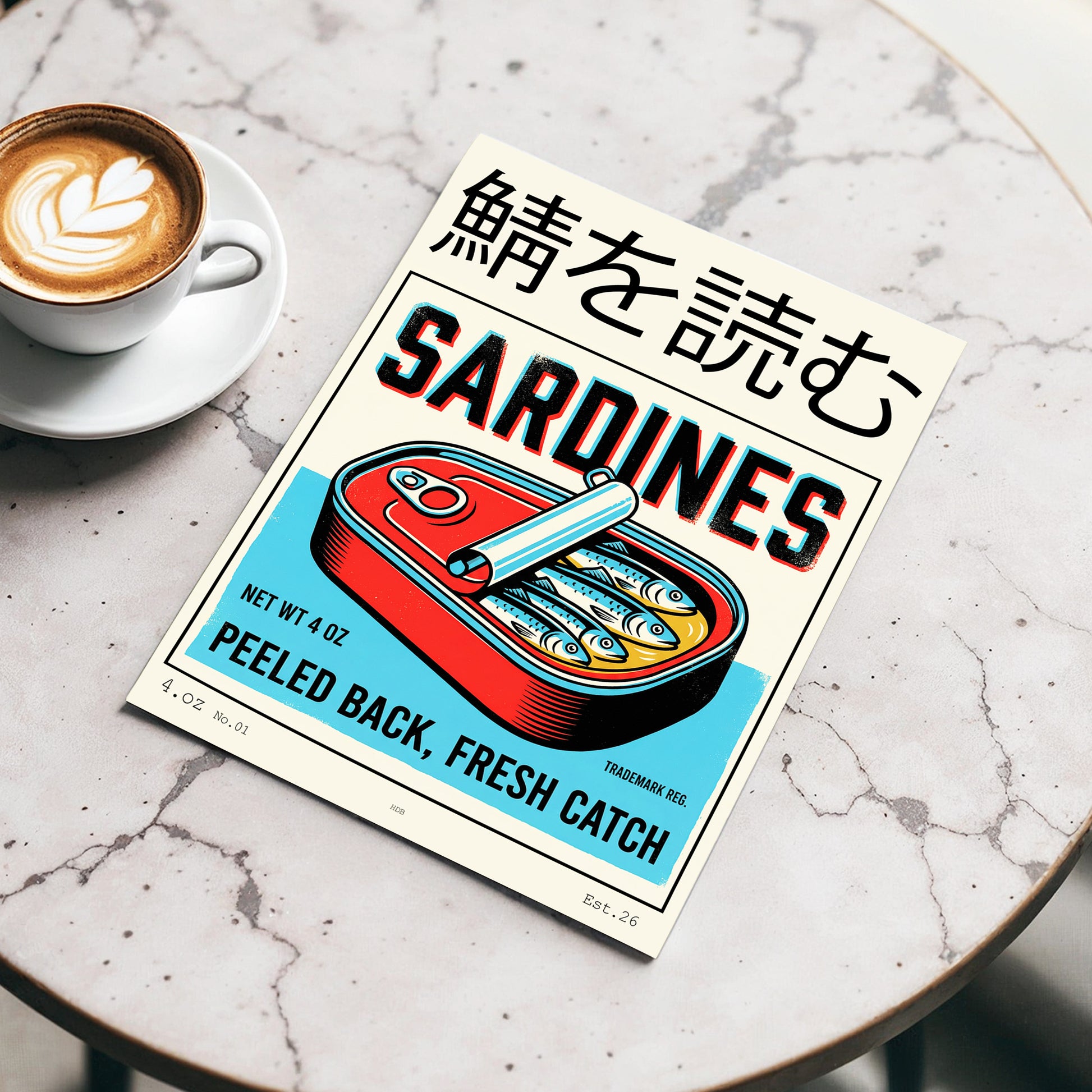 Sardine Tin Revival, black, beige, blue nature wall art displayed in a styled interior, gallery view 3