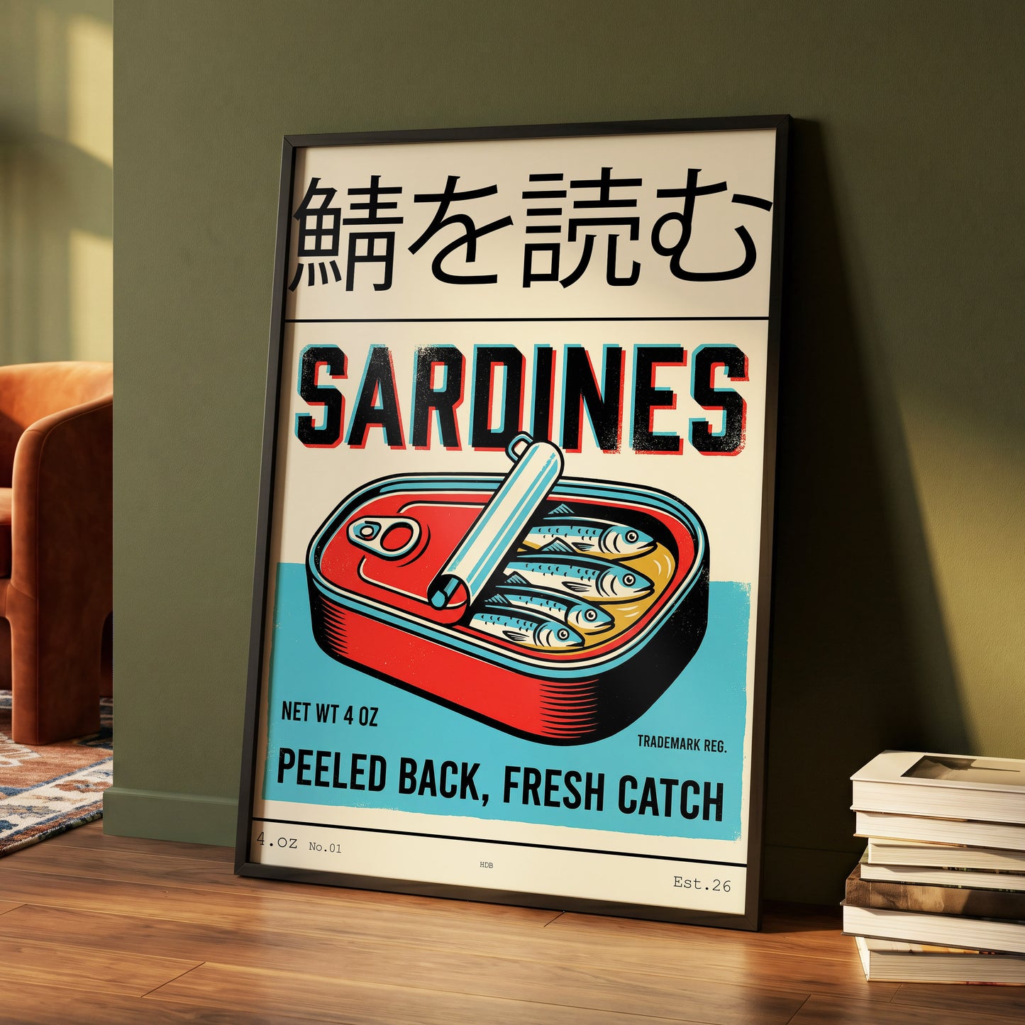 Sardine Tin Revival, black, beige, blue nature wall art displayed in a styled interior, gallery view 4