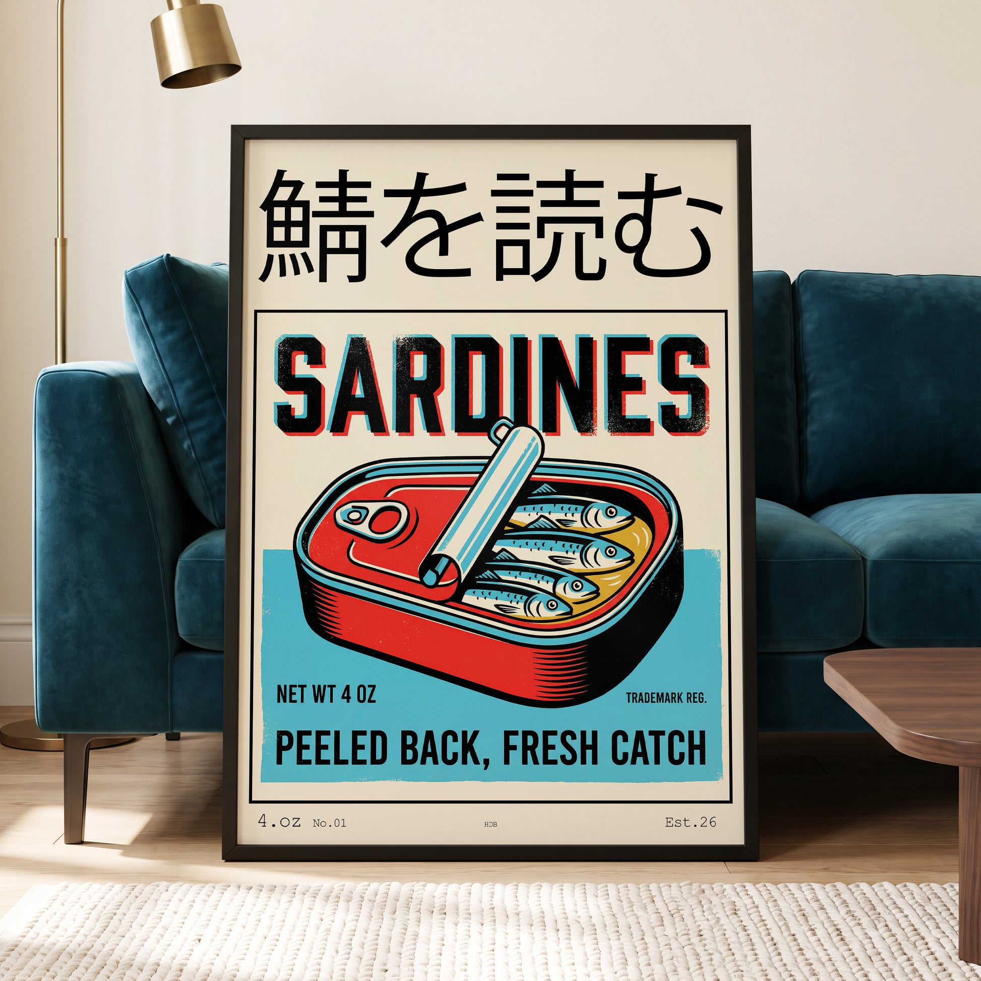 Sardine Tin Revival, black, beige, blue nature wall art displayed in a styled interior, gallery view 5
