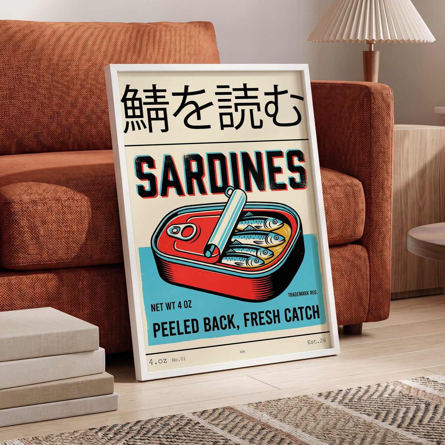 Sardine Tin Revival, black, beige, blue nature wall art displayed in a styled interior, gallery view 6
