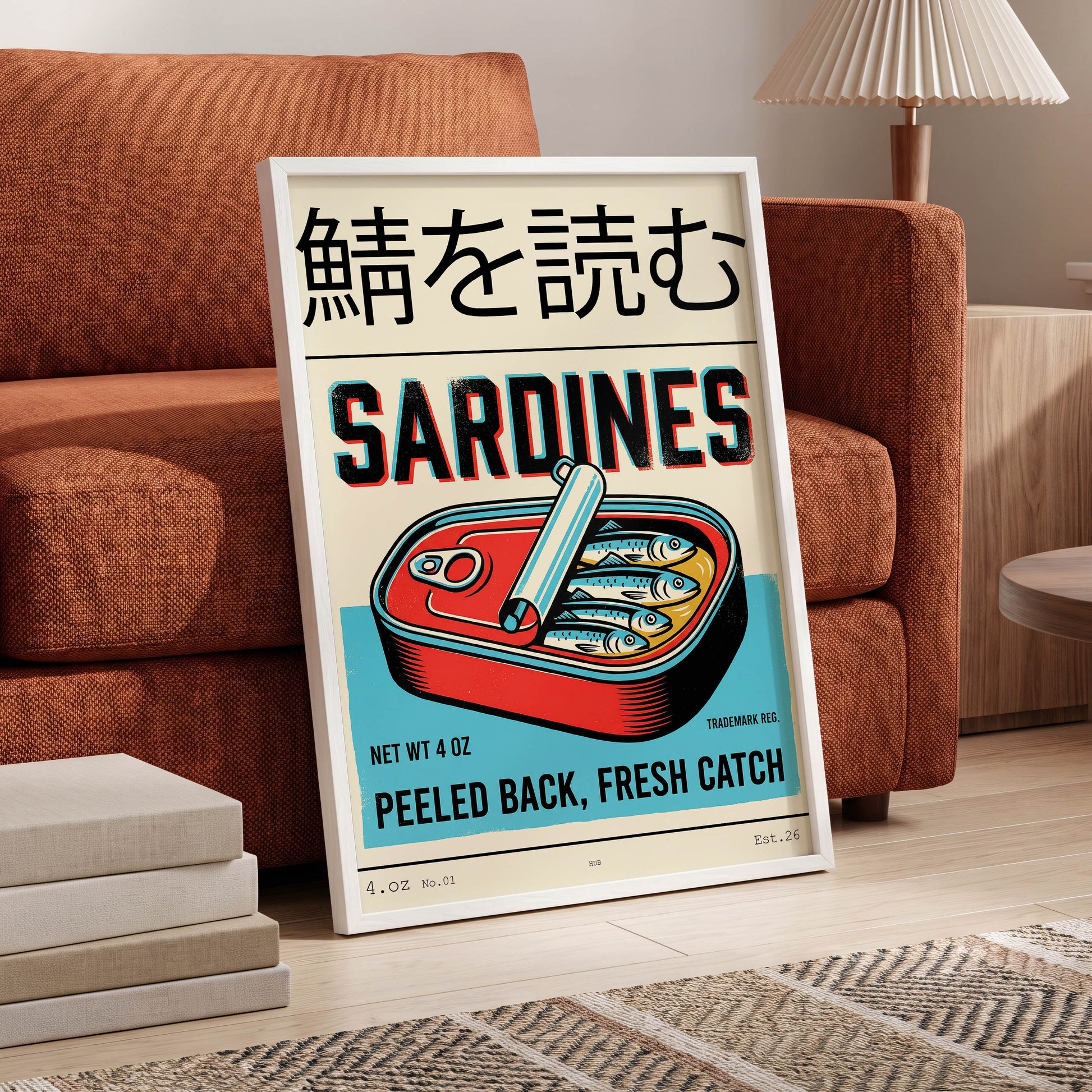 Sardine Tin Revival, black, beige, blue nature wall art displayed in a styled interior, gallery view 6