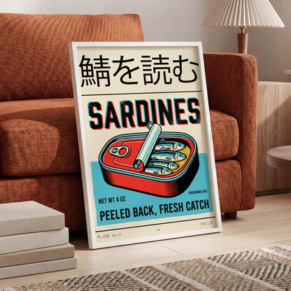 Sardine Tin Revival, black, beige, blue nature wall art displayed in a styled interior, gallery view 6