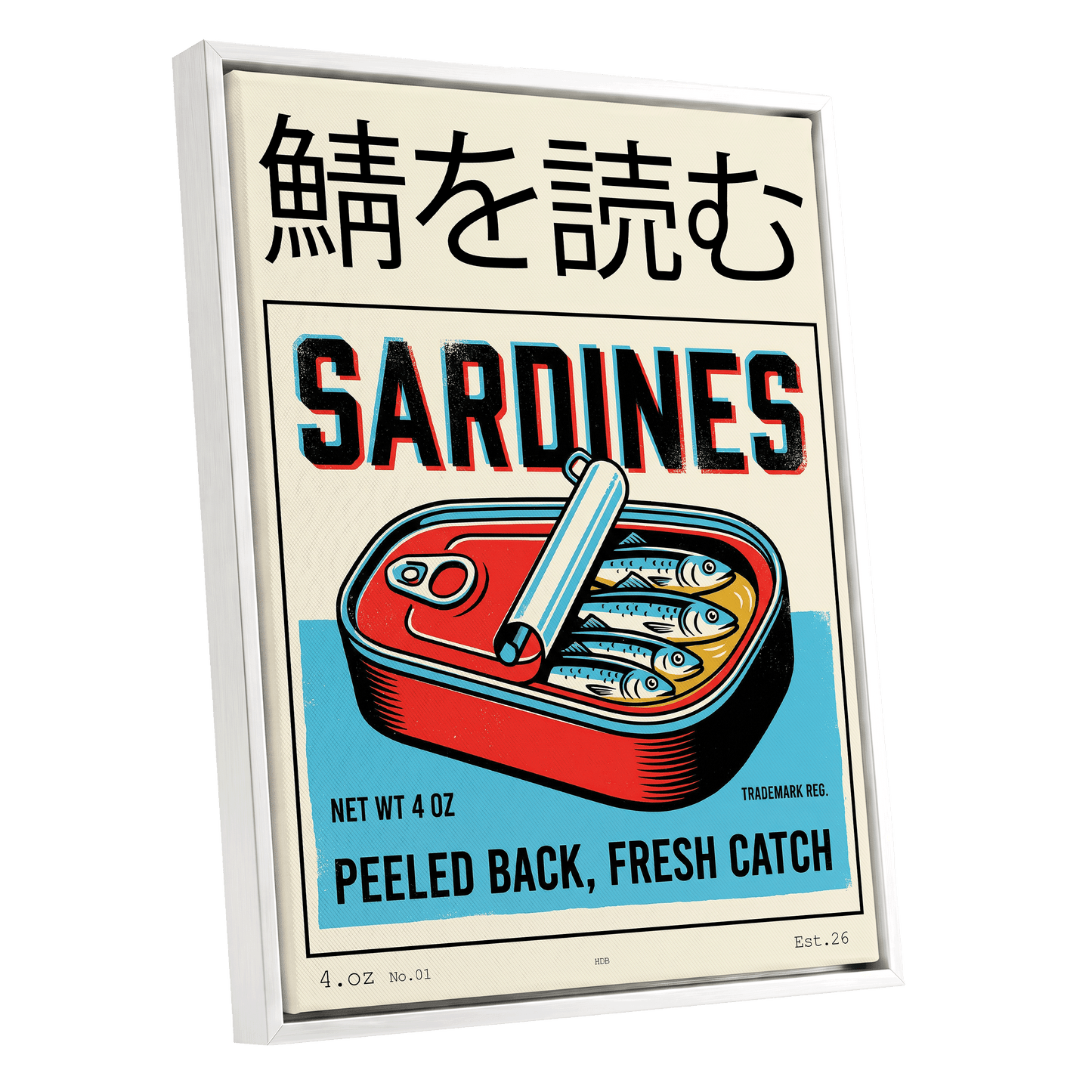 Sardine Tin Revival, black, beige, blue nature wall art shown as a white framed canvas wall art
