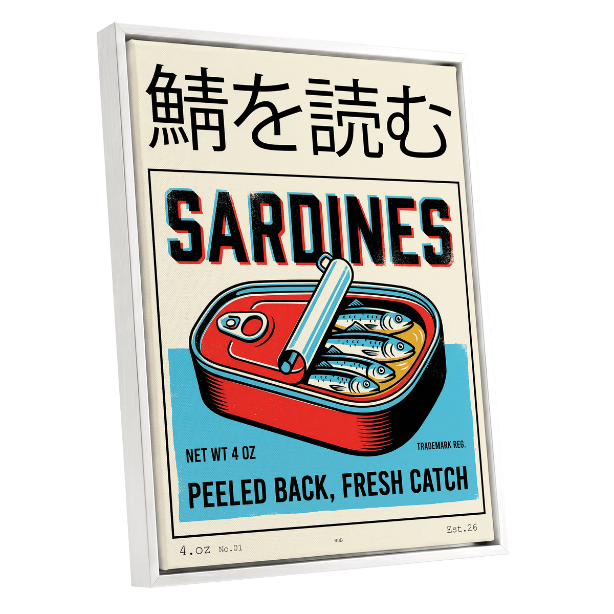 Sardine Tin Revival, black, beige, blue nature wall art shown as a white framed canvas wall art