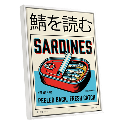Sardine Tin Revival, black, beige, blue nature wall art shown as a white framed canvas wall art
