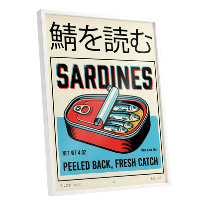 Sardine Tin Revival, black, beige, blue nature wall art shown as a white framed poster wall art print