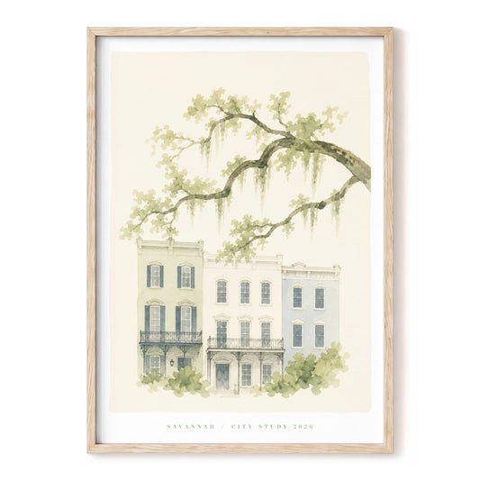 Savannah Under the Oaks, green, beige, blue minimalist wall art, front artwork view
