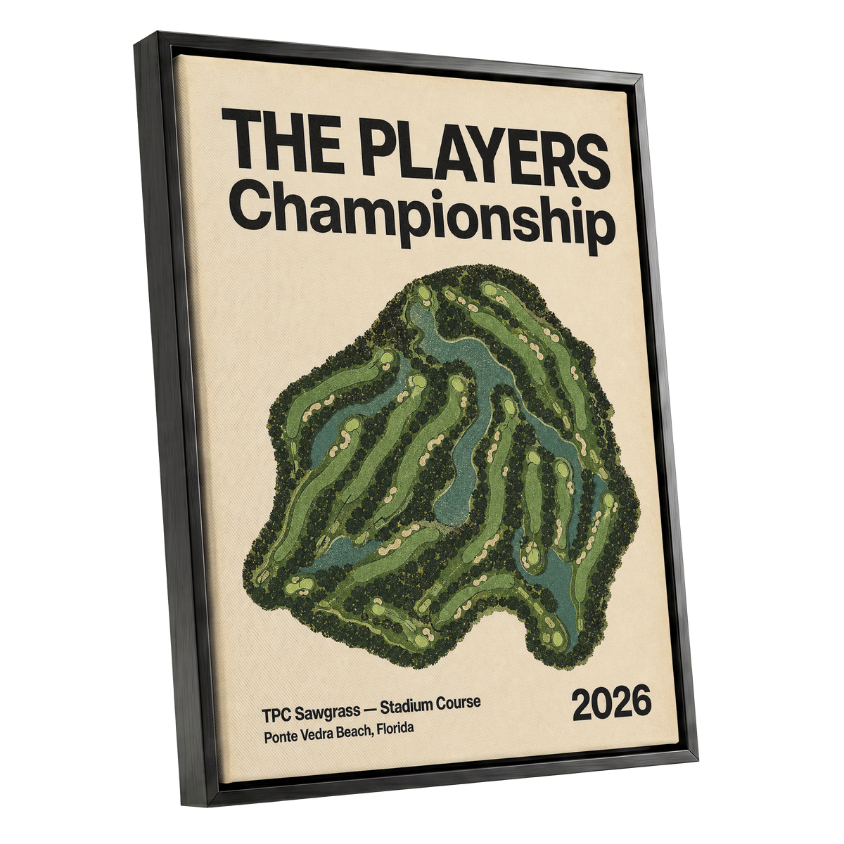 Sawgrass Championship, green, beige, black nature wall art shown as a black framed canvas wall art