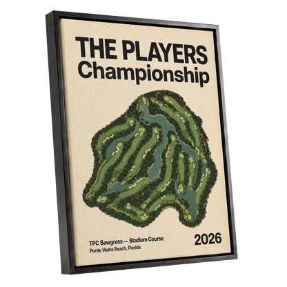 Sawgrass Championship, green, beige, black nature wall art shown as a black framed canvas wall art