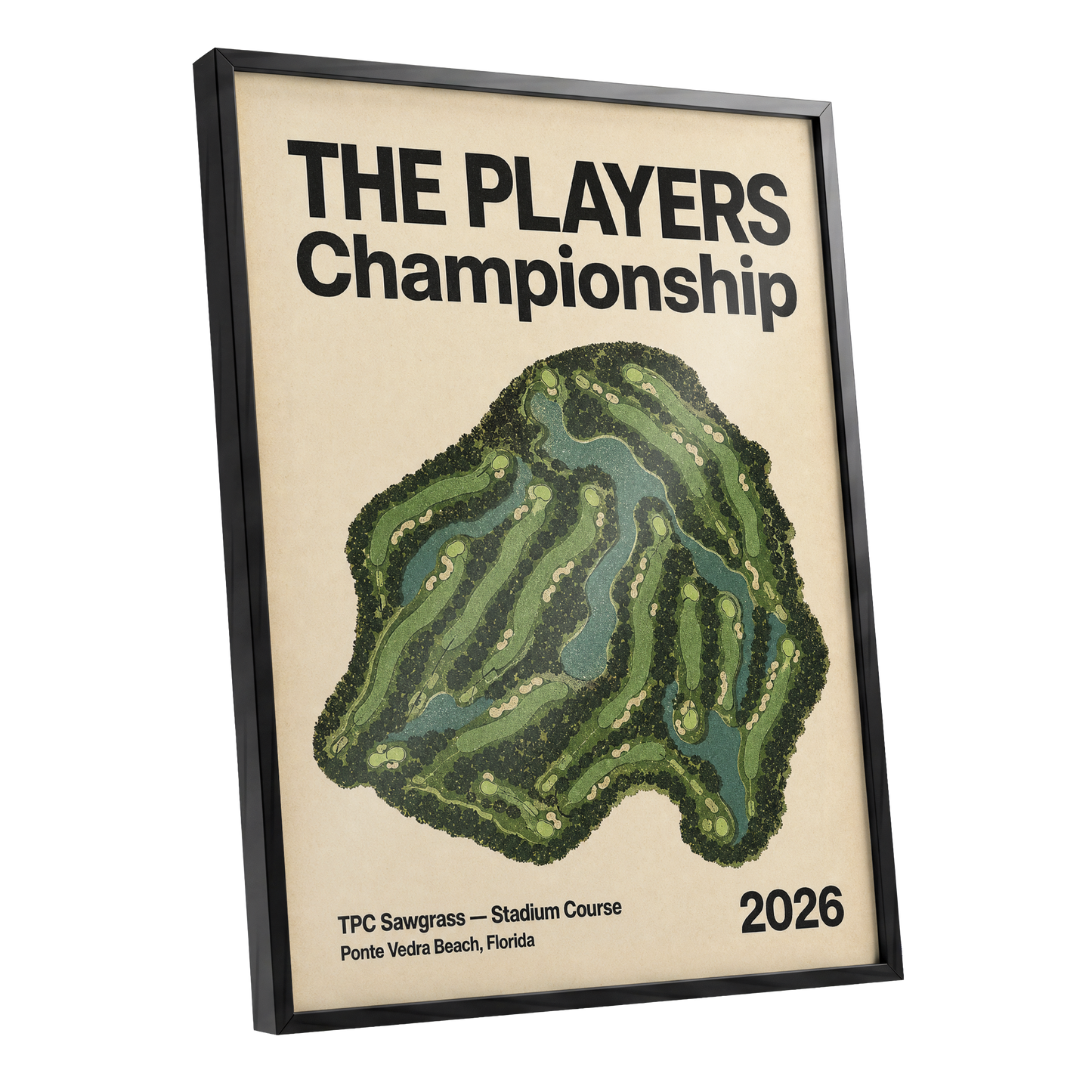 Sawgrass Championship, green, beige, black nature wall art shown as a black framed poster wall art print